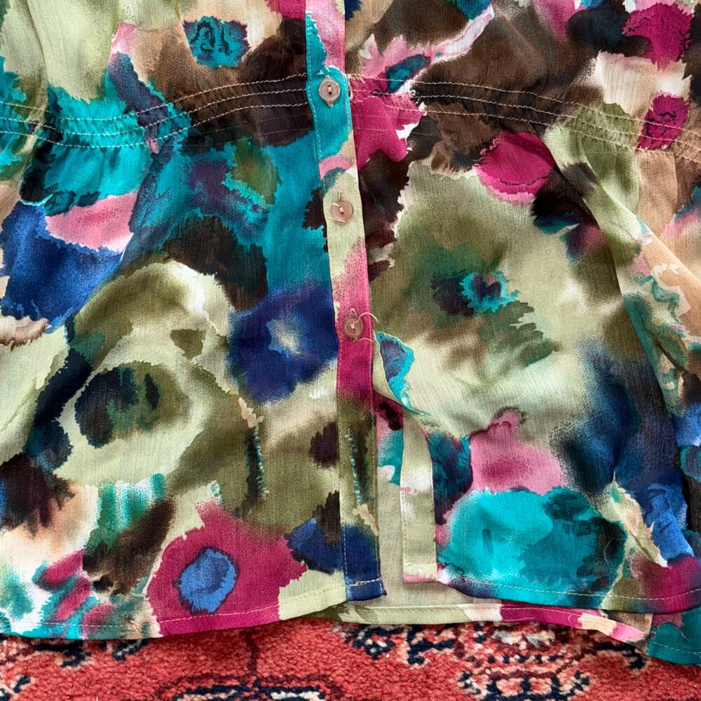 Sunny Leigh M Jewel Tones Watercolor Abstract‎ Print Ruffle Neckline Girly Top - Picture 3 of 5